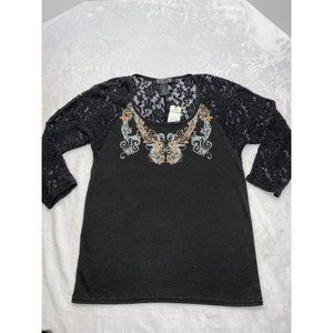 NWT Ladies Cody James & Shyanne Charcoal Lace Sleeve Shirt Size Medium